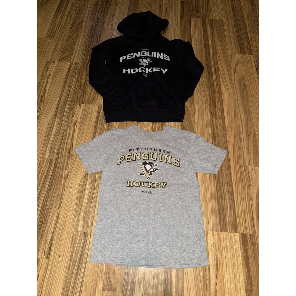 Reebok Pittsburgh Penguins Boys Sz 8 T-Shirt Hoodie Cotton EUC